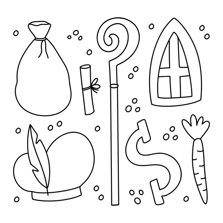 Vetor são nicolau de sinterklaas doodle esboço clip art conjunto atributos pessoal zwarte piet chapéu letra s