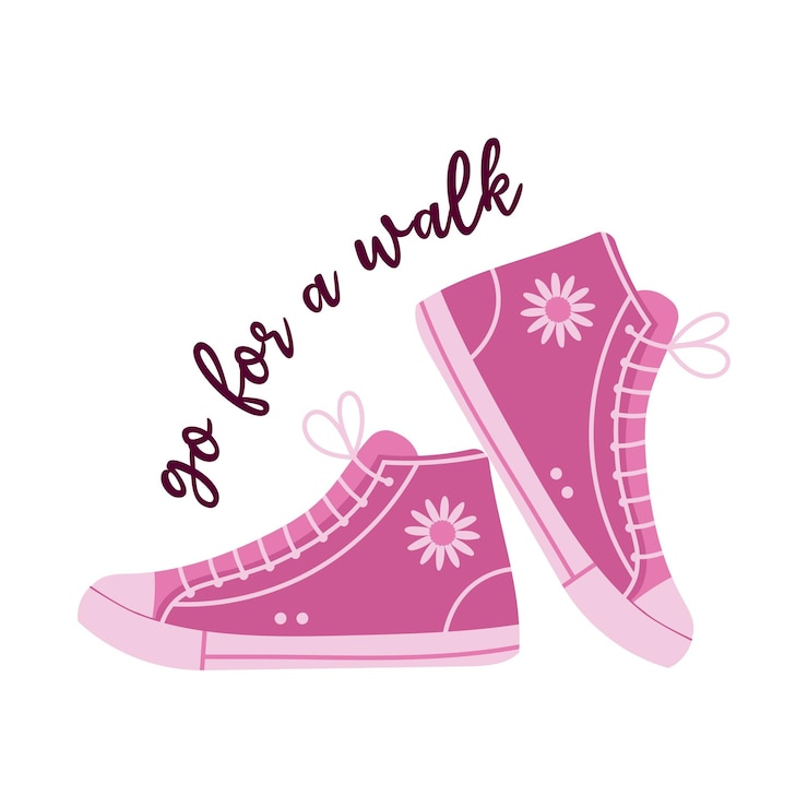 Vetor sapatilhas têxteis cor-de-rosa com flor design de moda feminina com inscrição go for a walk