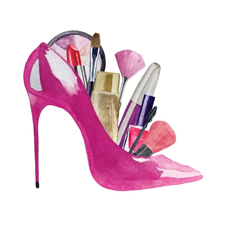 Vetor sapato de salto alto rosa aquarela com maquiagem objetos, sombras de olhos de batom e outros