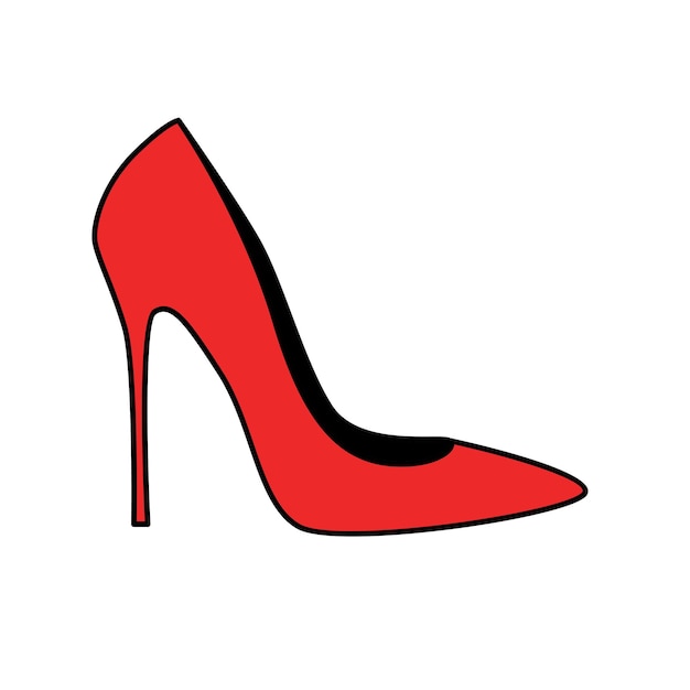 Sapato vermelho feminino de salto alto. Sapatos femininos festivos. Ilustração em vetor Doodle