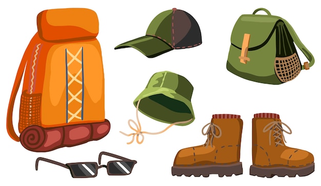 Vetor sapatos, acessórios, bolsas para caminhadas, conjunto de aventura ao ar livre, equipamento de campismo. mão-extraídas ilustrações vetoriais. clipes coloridos dos desenhos animados isolados no branco. para design, impressão, decoração, cartão, etiqueta.