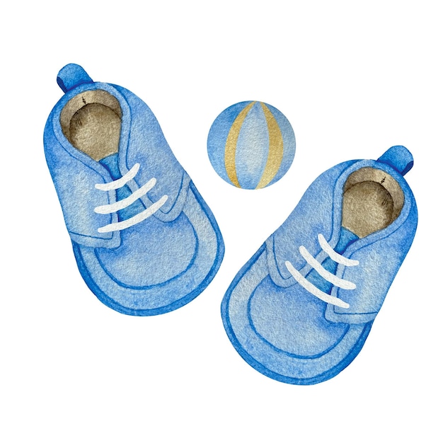 Sapatos azuis aquarela para menino com vista superior de laços brancos isolados em branco. Bota de menino com bola