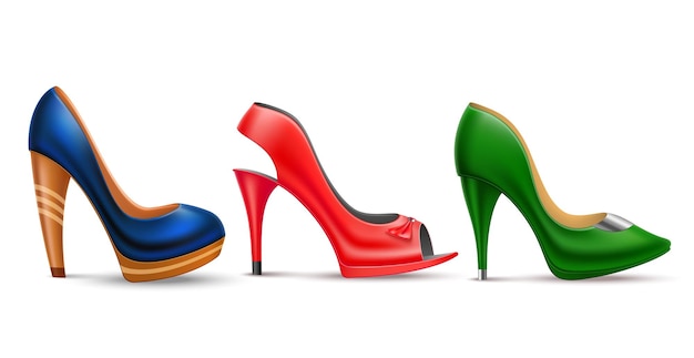 Sapatos femininos realistas isolados em 3D femininos clássicos de salto alto para senhoras sapatos de couro brilhante vista lateral de cores diferentes botas de moda glamourosas conjunto vetorial de design clássico