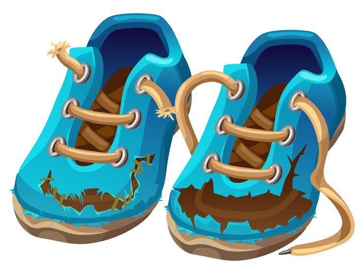 Vetor sapatos velhos sujos manchados no solo bota esfarrapada após campanha objeto de jogo de desenho animado