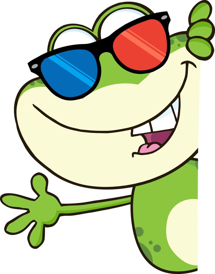 Vetor sapo bonito com personagem de desenho animado de óculos 3d olhando ao redor de um sinal em branco e acenando