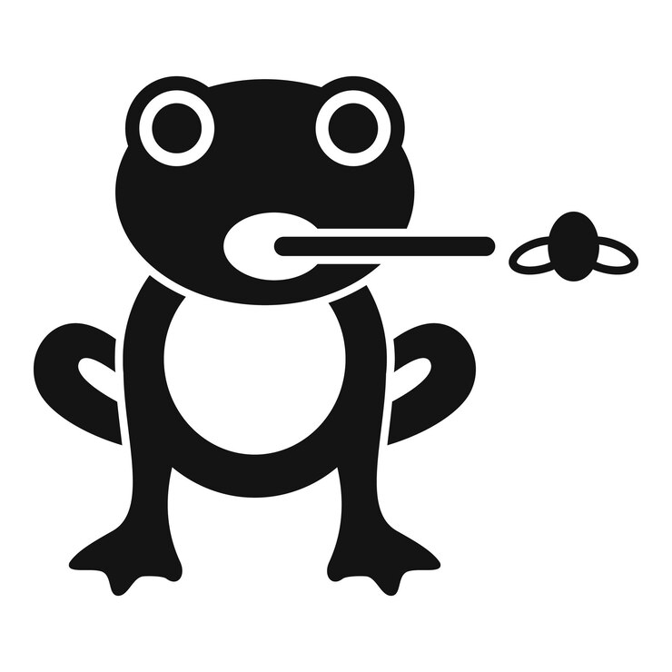 Vetor sapo preto pegando mosca com ícone de língua