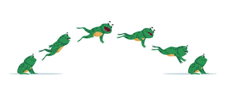 Vetor sapo pulando sequência de animação de desenhos animados com movimento anfíbio vista lateral do processo de salto de animais aquáticos sapo verde em movimento isolado criatura coaxando engraçada etapas de vetor de conjunto de salto