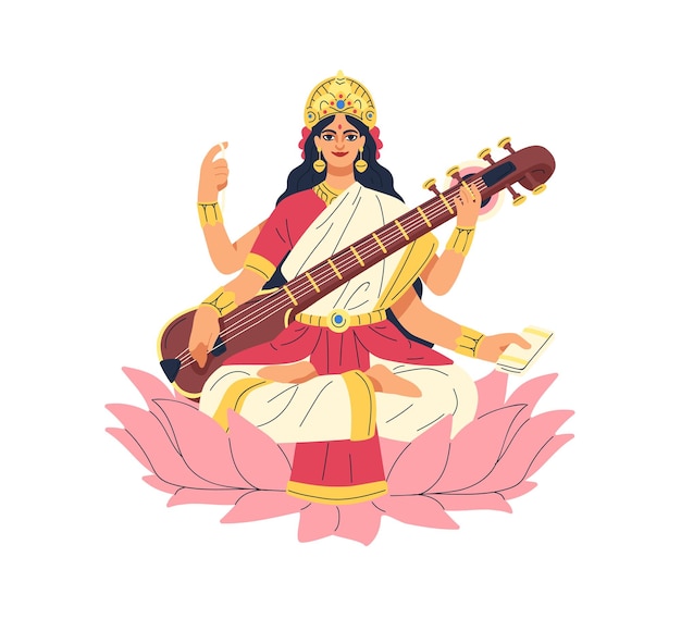 Saraswati, deusa indiana sentada na flor de lótus com veena. saraswathi, divindade feminina da índia tocando música. antigo personagem de musa hindu. ilustração em vetor plana isolada no fundo branco.