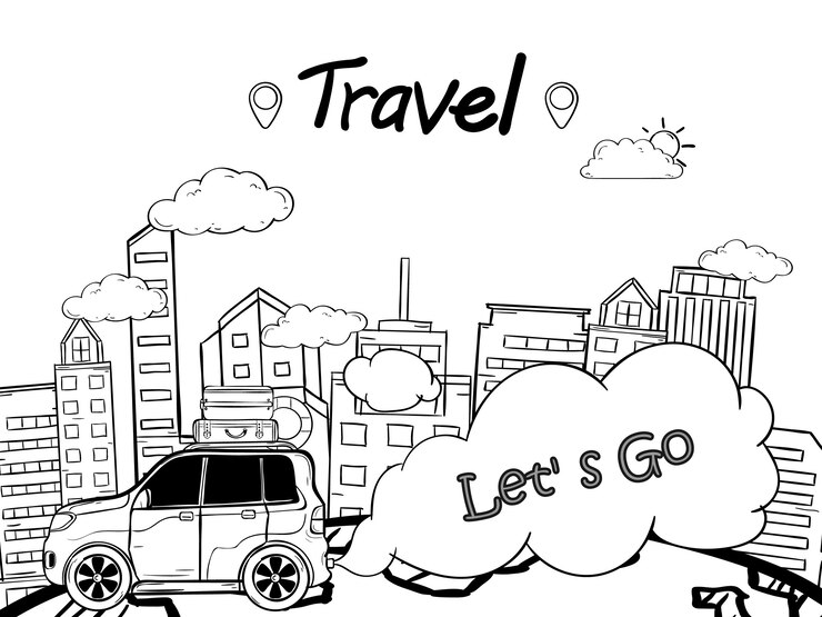 Vetor sarrabisco mão desenhar carro com check in point na cidade viajar ao redor do mundo