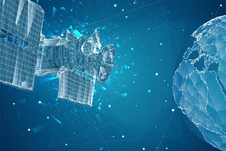 Vetor satélite de comunicação de fundo 3d vetorial em uma explosão de partículas caóticas abstratas de estilo triangular volumétrico
