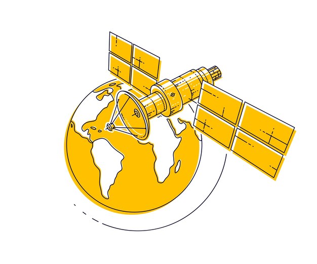 Vetor satélite em órbita ao redor da terra, voo espacial, estação espacial de naves espaciais de comunicação com painéis solares e placa de antena de satélite. ilustração em vetor 3d linha fina.