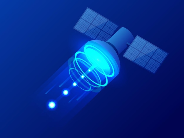 Satélite GPS isométrico. Tecnologia de satélite sem fio. Rede global mundial. Equipamento para televisão por satélite e radiodifusão. Ilustração vetorial.