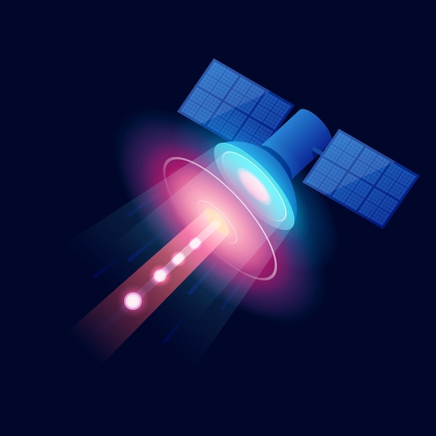 Satélite GPS isométrico. Tecnologia de satélite sem fio. Rede global mundial. Equipamento para televisão por satélite e radiodifusão. Ilustração vetorial.
