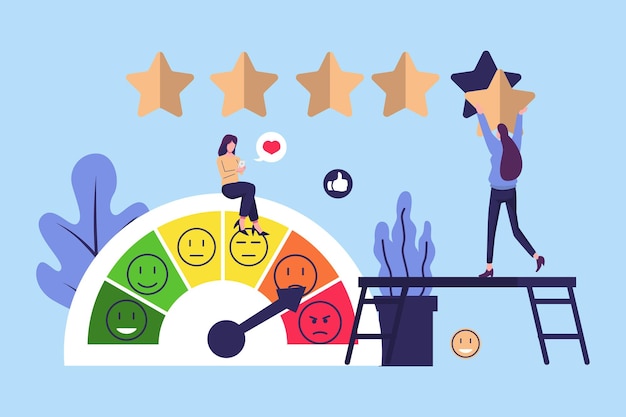 Satisfação do cliente medidor com emoções ícones pesquisa de clientes clientes avaliação de clientes e melhor estimativa de desempenho conceito de feedback do cliente relatório on-line do consumidor experiência do usuário