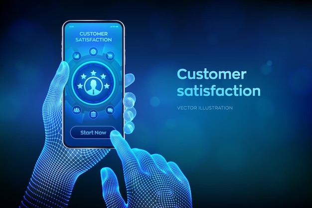 Satisfação do cliente Pesquisa do cliente e análise de feedback Usando IA e tecnologia de automação em marketing para atendimento ao cliente Closeup smartphone em mãos de wireframe Ilustração vetorial