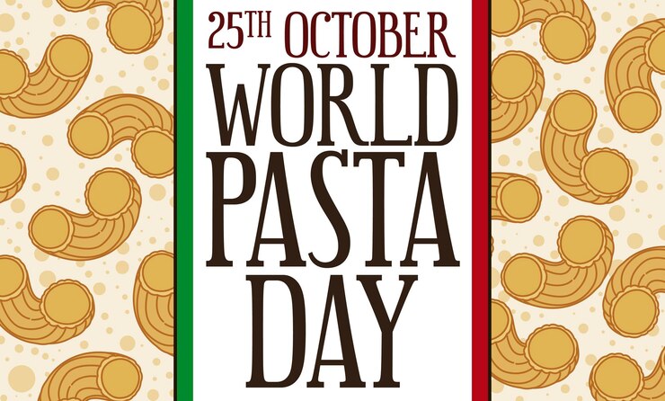 Vetor saudação com macarrão chifferi rigati gomiti ou rótulo de cotovelos como bandeira italiana para o dia mundial da massa