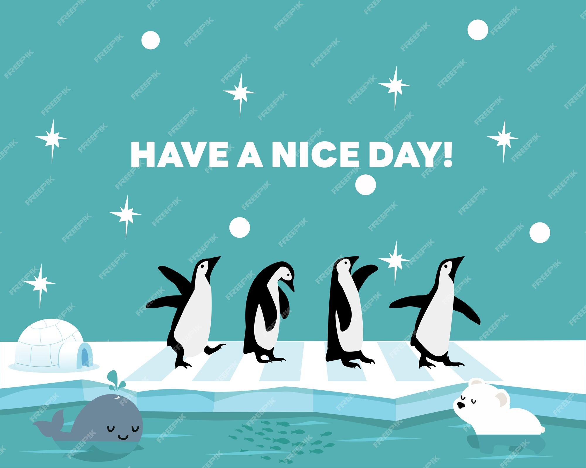 Saudação da família do pinguim fofo tenha um bom dia | Vetor Premium