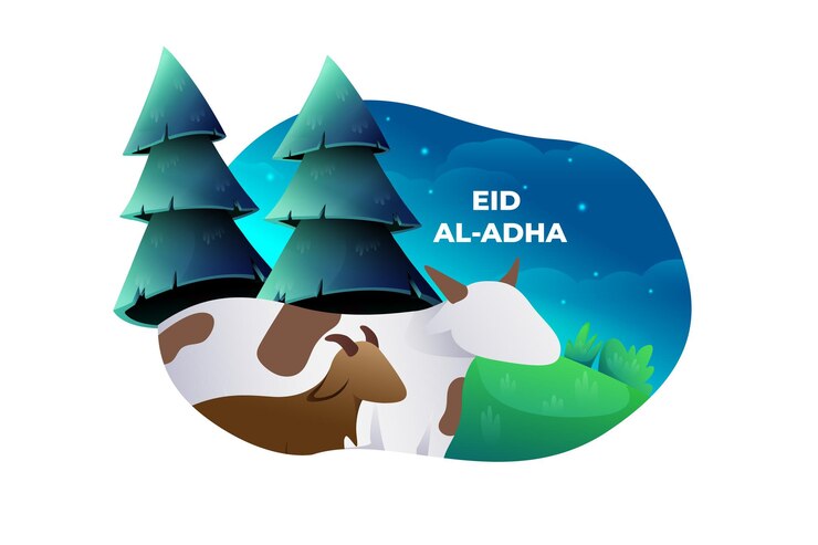 Saudação de Eid Al-Adha com ilustração vetorial de vaca e cabra em estilo gradiente
