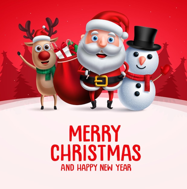 Saudação de feliz natal com personagens de vetor de natal Renas e boneco de neve do Papai Noel