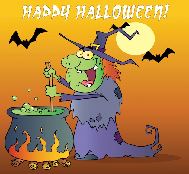 Saudação de Halloween sobre uma bruxa fazendo uma poção