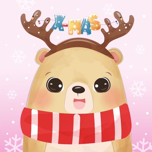 Saudação de Natal com urso fofo. Ilustração de Natal.