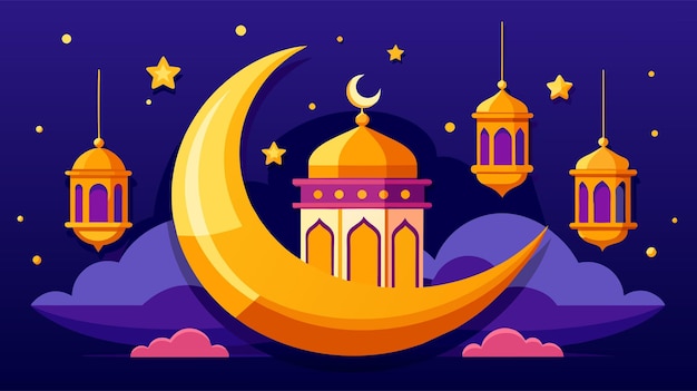 Saudação festiva do Ramadan Kareem com crescente e lanternas