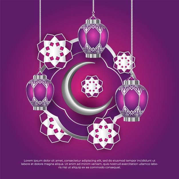 Saudação islâmica do festival eid al adha com lâmpadas penduradas e fundo lunar