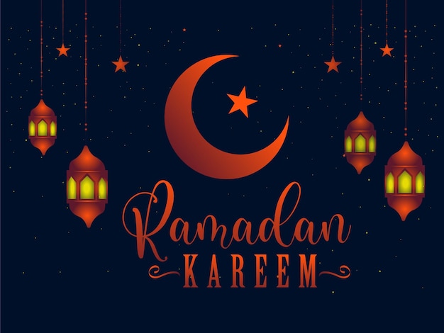 Saudação islâmica ramadan kareem com belas lanternas e lua crescente