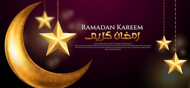 Saudação islâmica ramadan kareem com lua crescente, estrela e padrão árabe e caligrafia