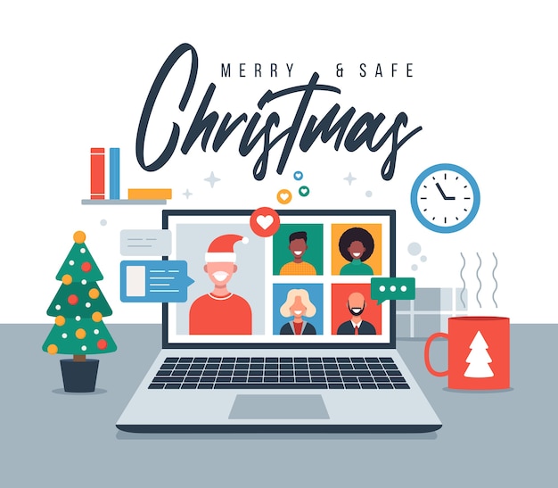 Saudação online de natal. pessoas que se encontram online com a família ou amigos fazendo videochamadas em discussões virtuais sobre laptop. merry and safe christmas office desk desk