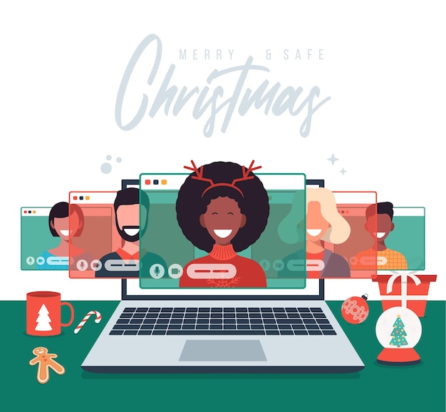 Saudação online de natal. pessoas que se encontram online com familiares ou amigos fazendo videochamadas em discussões virtuais sobre laptop. feliz e seguro natal escritório mesa de trabalho, ilustração vetorial plana