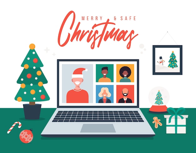 Saudação online de Natal. pessoas que se encontram online com familiares ou amigos fazendo videochamadas em discussões virtuais sobre laptop. Feliz e seguro Natal escritório mesa de trabalho, ilustração vetorial plana