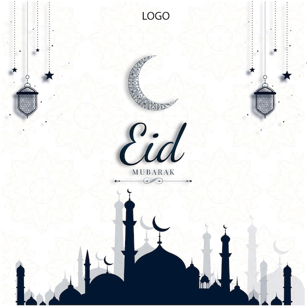 saudações de eid e celebração design elegante tema branco