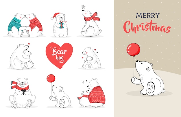 Saudações de feliz Natal com ursos. Urso polar desenhado à mão, conjunto de urso bonito, ursinhos mãe e bebê, dois ursos