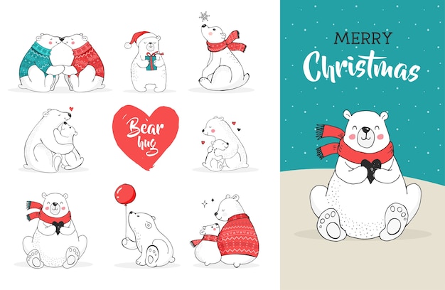 Saudações de feliz Natal com ursos. Urso polar desenhado à mão, conjunto de urso bonito, ursinhos mãe e bebê, dois ursos