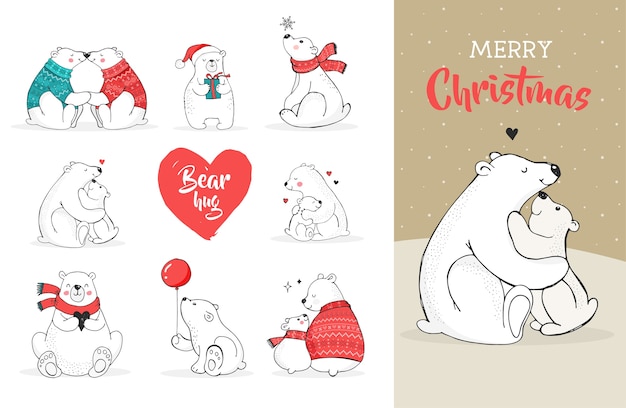Saudações de feliz Natal com ursos. Urso polar desenhado à mão, conjunto de urso bonito, ursinhos mãe e bebê, dois ursos