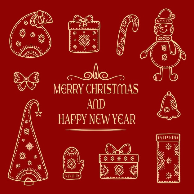 Saudações de natal e ano novo um conjunto de elementos decorativos um boneco de neve um presente um arco um sino uma árvore de natal um saco de presentes um sinete e um doce
