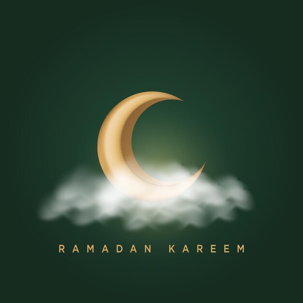 Saudações de Ramadan kareem com lua crescente e nuvens sobre fundo verde para folheto de cartaz e etc