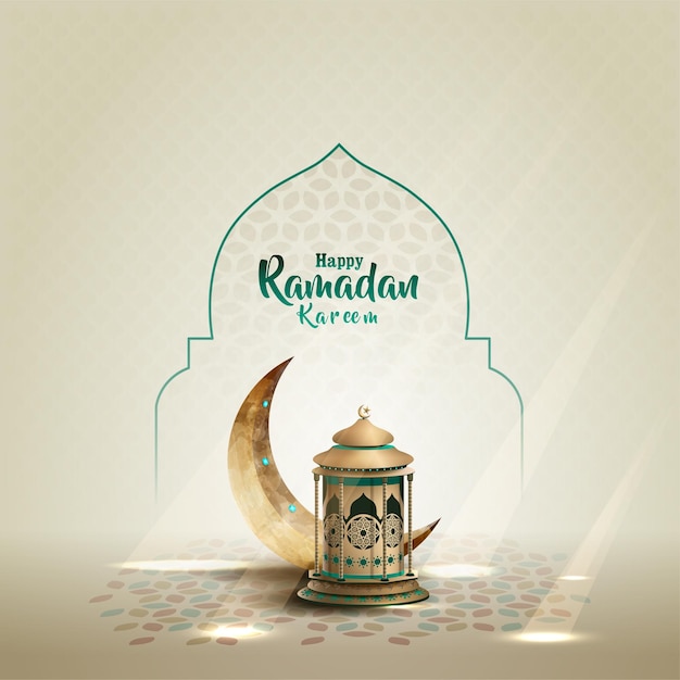 Saudações islâmicas ramadan kareem design de cartão com crescente e lanterna