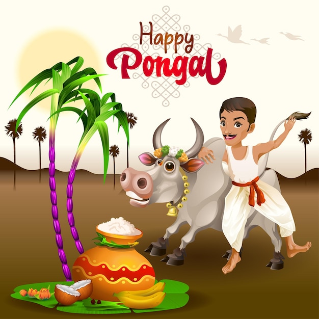 Saudações Pongal com Fazendeiro Tamil e Bull