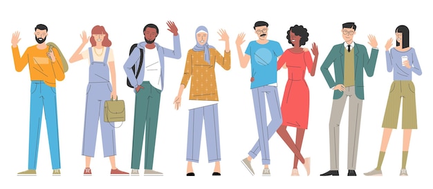 Saudar as pessoas acenando com as mãos. Conjunto de vetores de design plano de jovens homens e mulheres diversos personagens.