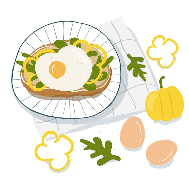 Vetor saudável café da manhã, sanduíche com, ovo frito, alface e pimentão vista superior. conceito de comida vegetariana