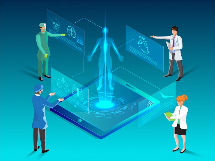 Vetor saúde isométrica e ilustração futurista médica