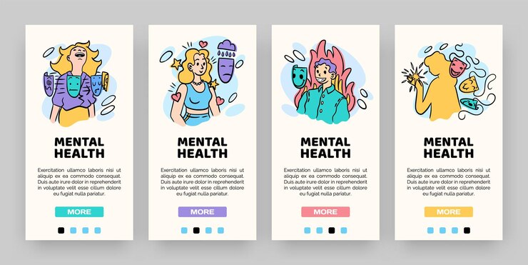 Vetor saúde mental onboarding banners interface móvel consulta psicológica máscara facial falsa hipocrisia e insinceridade bipolar desrober menu de tela de telefone set vetorial de ui de aplicativo de smartphone
