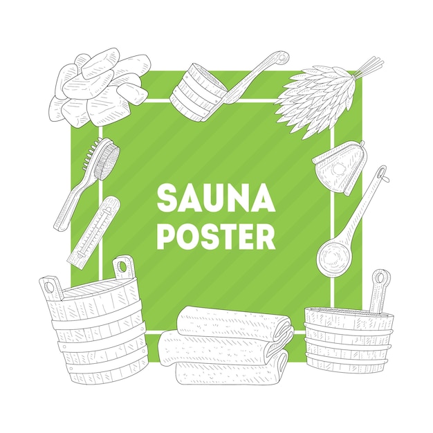 Sauna poster banner com acessórios de banho desenhados à mão birch broom bucket towel brush thermometer ilustração vetorial web design