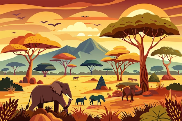 Vetor savana africana com elefantes zebras e vida selvagem vagando livremente