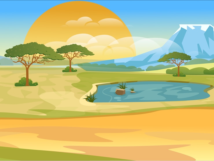 Savana africana dos desenhos animados. Paisagem realista