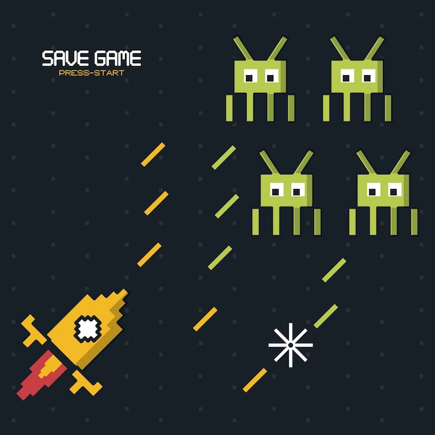 Vetor save game press start com gráficos de jogo espacial