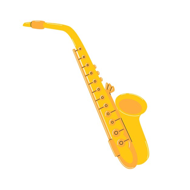 Saxofone amarelo instrumento musical de vento clipart simples desenhado à mão ilustração vetorial plana isolada em fundo branco