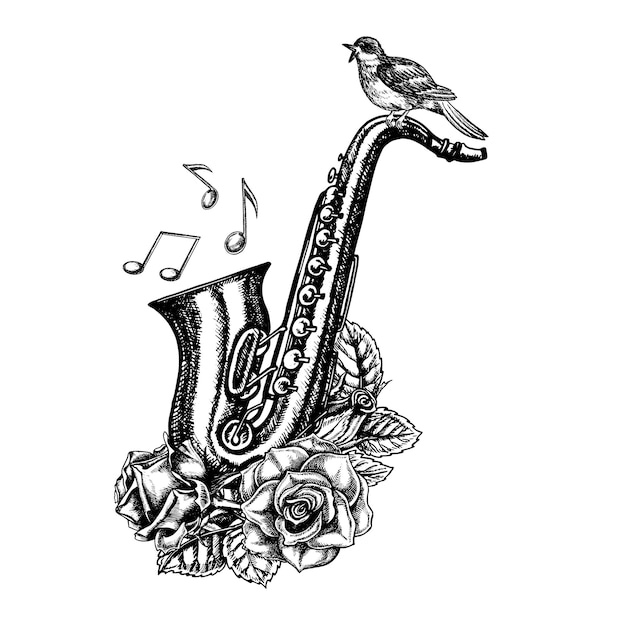 Saxofone com notas musicais decoradas com rosas e uma ilustração vetorial gráfica de rossinho